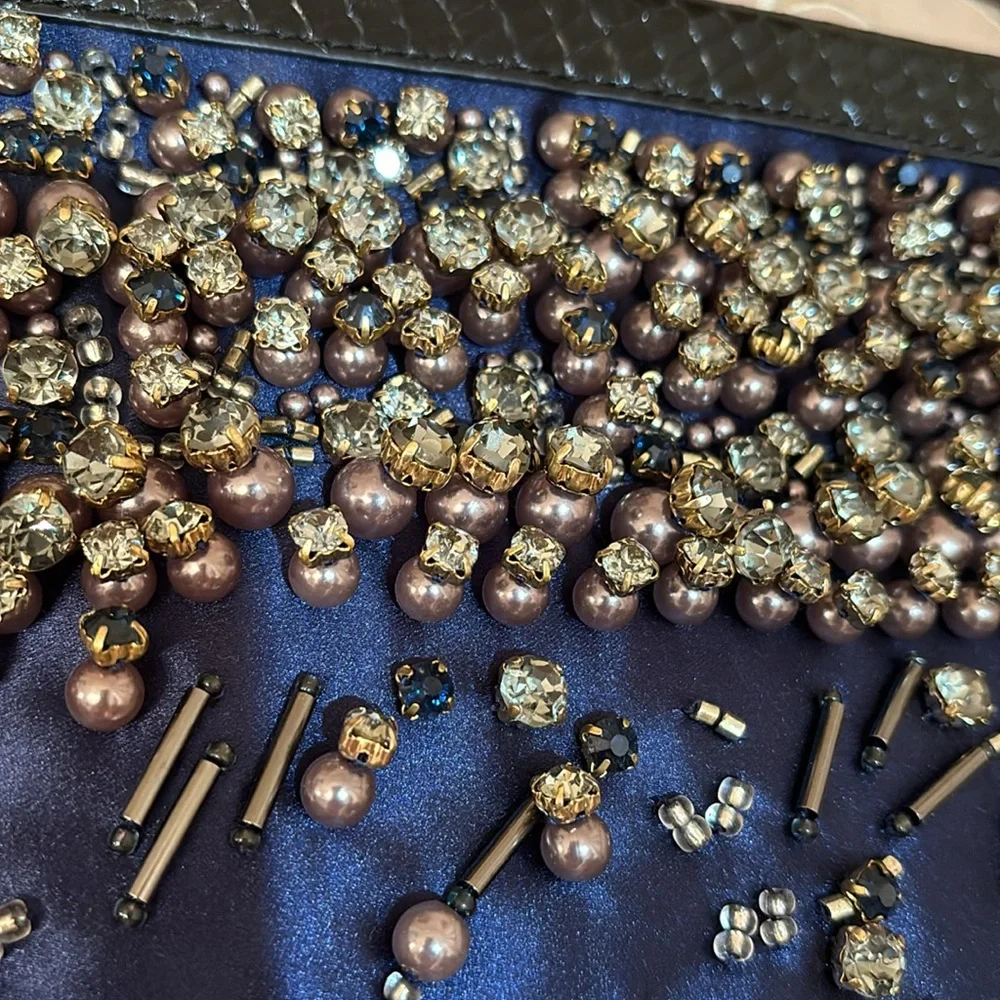 Rafe New York LG GELIA blue satin leather trimmed embellished studded clutch
